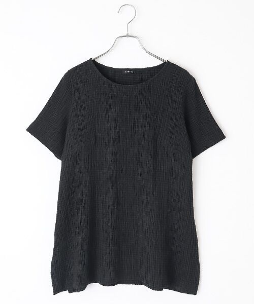 TABASA / タバサ チュニック | シャーリング ボーダー ショートスリーブ チュニック（クロ×クロ）