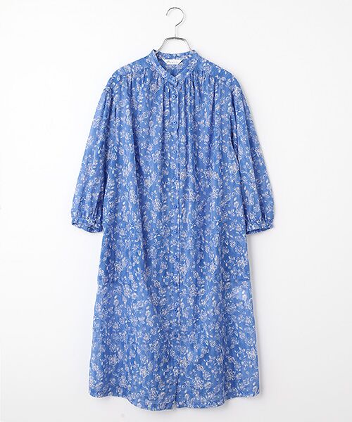 TABASA / タバサ ロング・マキシ丈ワンピース | ボイル ｘ チンツプリント バンドカラー ワンピース（ブルー）