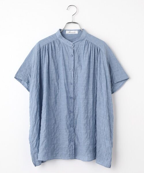 TABASA / タバサ シャツ・ブラウス | シャーリング バンドカラー スリーブレス ブラウス（ブルー）