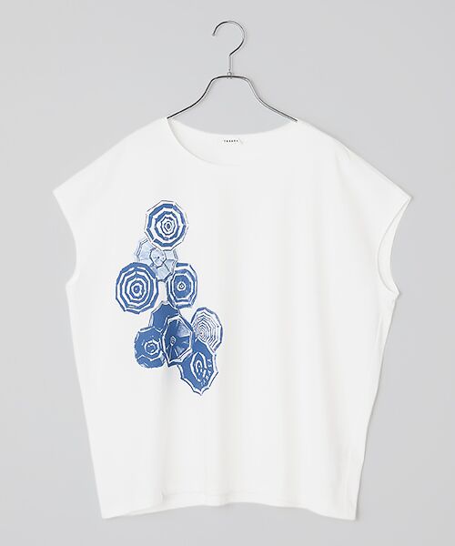 TABASA / タバサ Tシャツ | パラソル プリント フレンチスリーブ Tシャツ（シロ×ブルー）