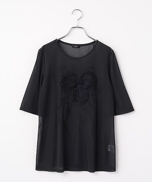 TABASA / タバサ Tシャツ | シフォン フラワー 刺繍 Tシャツ（クロ）