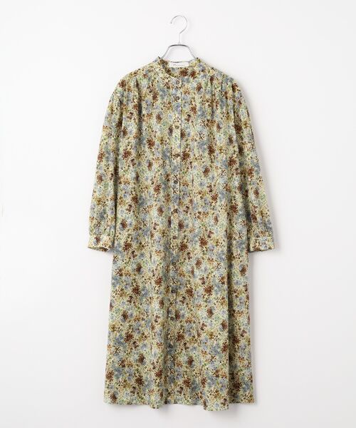 TABASA / タバサ ロング・マキシ丈ワンピース | ボタニカルアートプリント バンドカラー シャツワンピース（ブルーグリーン）