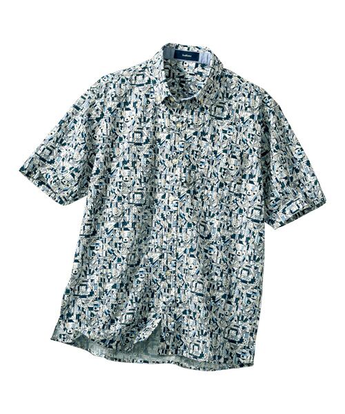 TAKASHIMAYA Tsuhan Edition / タカシマヤ ツーハン・エディション シャツ・ブラウス | プリントボタンダウンサッカー半袖シャツ(幾何柄ネイビー)