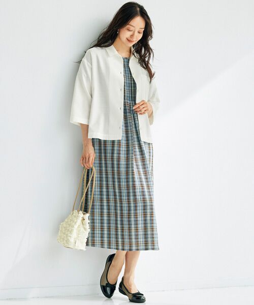 TAKASHIMAYA Tsuhan Edition / タカシマヤ ツーハン・エディション ロング・マキシ丈ワンピース | 麻混チェックワンピース(ブルー×ブラウン)