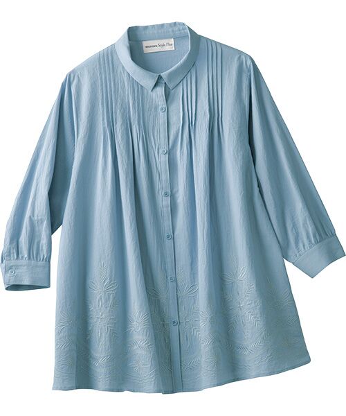 TAKASHIMAYA Style Plus / タカシマヤ スタイル・プリュ シャツ・ブラウス | 刺しゅう入りピンタックシャツ(ブルー)