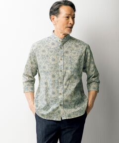 ゆ*き様 45R ブルー 花柄 七分袖シャツ 日本製　綿100％　サイズフリー 小花柄七分袖カッタウェイカラーシャツ/スキッパーシャツ