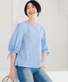 新品値引き　ゼロハチマネイビー*ボリューム袖Aラインブラウスゆったり1000 正規通販】08Mab/ゼロハチマブ ピンタックボリューム袖リネン