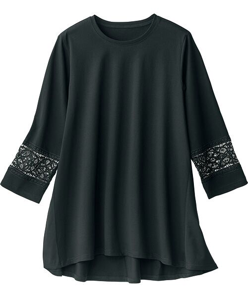 TAKASHIMAYA Style Plus / タカシマヤ スタイル・プリュ チュニック | 袖レース使いシルケット加工チュニック(黒)