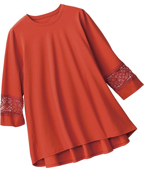 TAKASHIMAYA Style Plus / タカシマヤ スタイル・プリュ チュニック | 袖レース使いシルケット加工チュニック(レンガ)