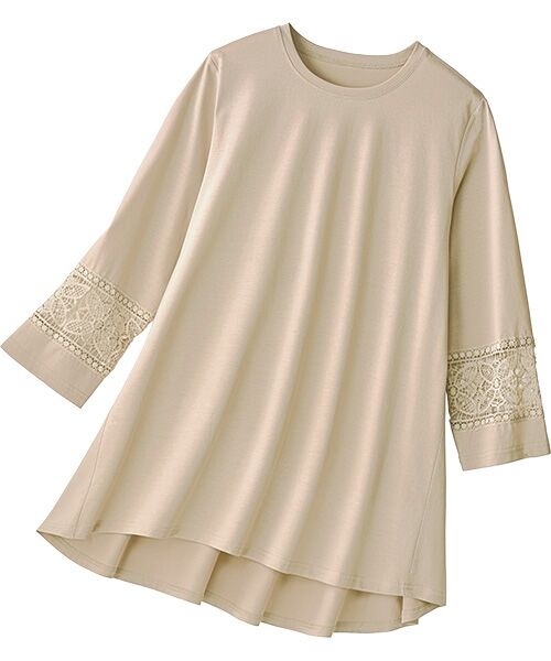 TAKASHIMAYA Style Plus/タカシマヤ スタイル・プリュ 袖レース使いシルケット加工チュニック ベージュ M TAKASHIMAYA Style Plus/タカシマヤ スタイル・プリュ 袖レース使いシルケット加工チュニック ベージュ M