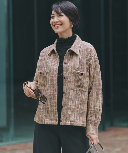 TAKASHIMAYA Style Plus/タカシマヤ スタイル・プリュ ツイードライク ライトジャケット ピンク系 3L TAKASHIMAYA Style Plus/タカシマヤ スタイル・プリュ ツイードライク ライトジャケット ピンク系 3L