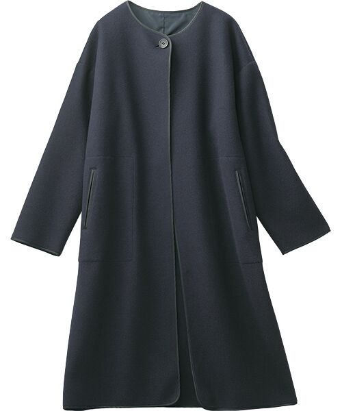 TAKASHIMAYA Style Plus/タカシマヤ スタイル・プリュ ウールライク ノーカラーコート 紺 M TAKASHIMAYA Style Plus/タカシマヤ スタイル・プリュ ウールライク ノーカラーコート 紺 M