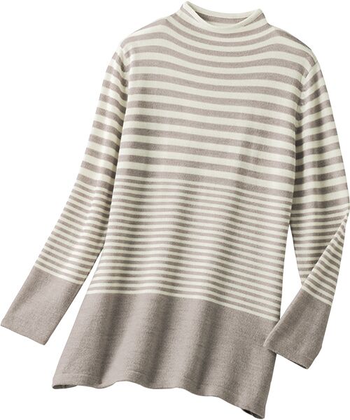 TAKASHIMAYA Style Plus/タカシマヤ スタイル・プリュ ビエラヤーン ボーダー柄ウール100%チュニック ベージュ×オフホワイト M TAKASHIMAYA Style Plus/タカシマヤ スタイル・プリュ ビエラヤーン ボーダー柄ウール100%チュニック ベージュ×オフホワイト M
