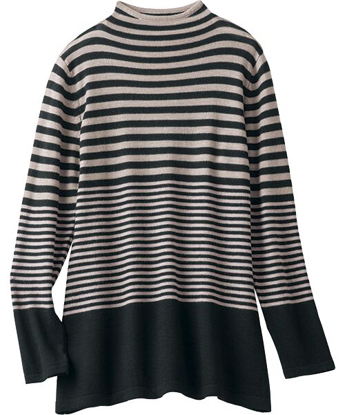 TAKASHIMAYA Style Plus/タカシマヤ スタイル・プリュ ビエラヤーン ボーダー柄ウール100%チュニック 黒×ベージュ 3L TAKASHIMAYA Style Plus/タカシマヤ スタイル・プリュ ビエラヤーン ボーダー柄ウール100%チュニック 黒×ベージュ 3L