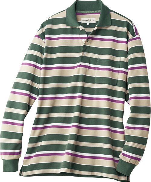 TAKASHIMAYA Style Plus/タカシマヤ スタイル・プリュ 長袖ボーダーポロシャツ グリーン ＬＬ