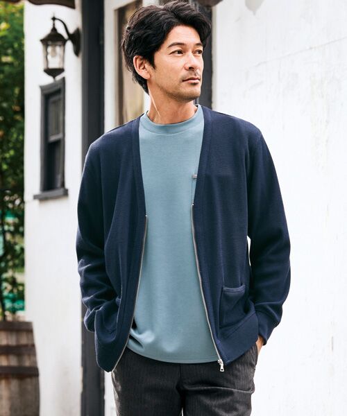 TAKASHIMAYA Style Plus/タカシマヤ スタイル・プリュ 綿混ワッフルジップ カーディガン ネイビー L TAKASHIMAYA Style Plus/タカシマヤ スタイル・プリュ 綿混ワッフルジップ カーディガン ネイビー L