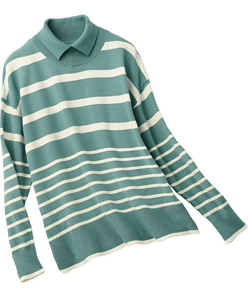 TAKASHIMAYA Style Plus/タカシマヤ スタイル・プリュ 襟付ボーダー柄プルオーバー グリーン Ｓ