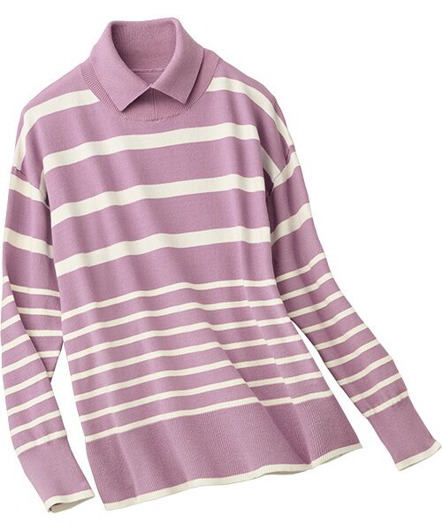 TAKASHIMAYA Style Plus/タカシマヤ スタイル・プリュ 襟付ボーダー柄プルオーバー ピンク S TAKASHIMAYA Style Plus/タカシマヤ スタイル・プリュ 襟付ボーダー柄プルオーバー ピンク S