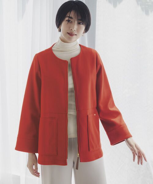 TAKASHIMAYA Style Plus/タカシマヤ スタイル・プリュ ウールライク 配色ジャケット レンガ×紺 M TAKASHIMAYA Style Plus/タカシマヤ スタイル・プリュ ウールライク 配色ジャケット レンガ×紺 M