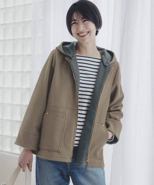 TAKASHIMAYA Style Plus/タカシマヤ スタイル・プリュ ウールライク 配色ジャケット モカ×グレー L TAKASHIMAYA Style Plus/タカシマヤ スタイル・プリュ ウールライク 配色ジャケット モカ×グレー L