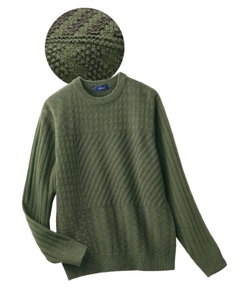 TAKASHIMAYA Style Plus / タカシマヤ スタイル・プリュ ニット・セーター | 地柄切り替え クルーネックセーター（モス）