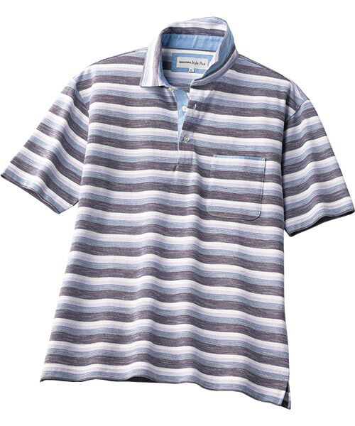 TAKASHIMAYA Style Plus / タカシマヤ スタイル・プリュ ポロシャツ | シャンブレー 鹿の子ボーダー 半袖ポロシャツ（ブルー）