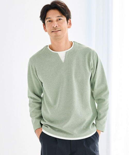 TAKASHIMAYA Style Plus / タカシマヤ スタイル・プリュ カットソー | フェイクレイヤード ツイルプルオーバー（グリーン）