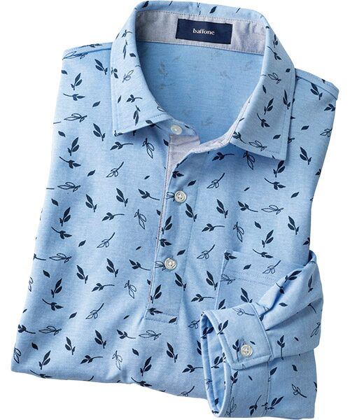 TAKASHIMAYA Style Plus / タカシマヤ スタイル・プリュ ポロシャツ | プリント柄 綿混長袖ポロシャツ（リーフサックス）