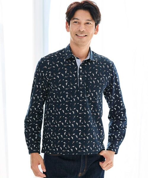 TAKASHIMAYA Style Plus / タカシマヤ スタイル・プリュ ポロシャツ | プリント柄 綿混長袖ポロシャツ（リーフネイビー）