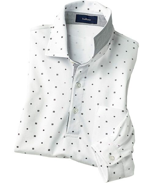 TAKASHIMAYA Style Plus / タカシマヤ スタイル・プリュ ポロシャツ | プリント柄 綿混長袖ポロシャツ（小紋ホワイト）