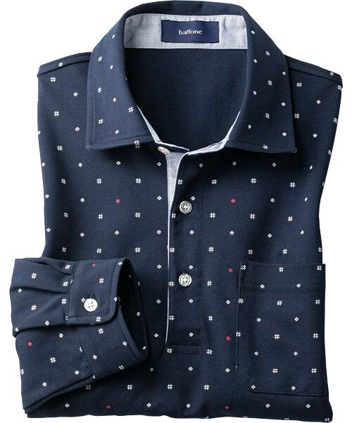 TAKASHIMAYA Style Plus / タカシマヤ スタイル・プリュ ポロシャツ | プリント柄 綿混長袖ポロシャツ（小紋ネイビー）