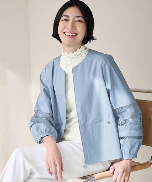 TAKASHIMAYA Style Plus / タカシマヤ スタイル・プリュ ノーカラージャケット | レース使いジャケット（サックス）