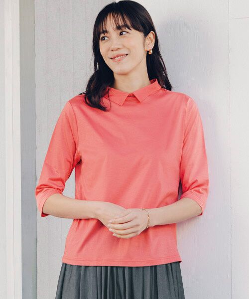 TAKASHIMAYA Style Plus / タカシマヤ スタイル・プリュ カットソー | テンセルコットン 襟付プルオーバー(コーラル)