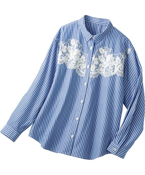 TAKASHIMAYA Style Plus / タカシマヤ スタイル・プリュ シャツ・ブラウス | レース使い先染めシャツ（紺）