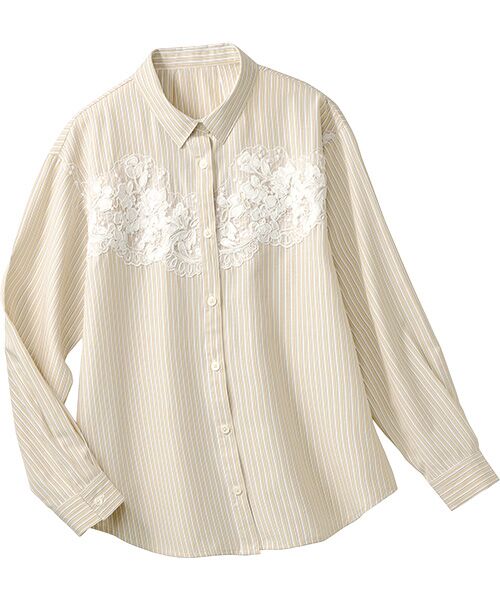 TAKASHIMAYA Style Plus / タカシマヤ スタイル・プリュ シャツ・ブラウス | レース使い先染めシャツ（ベージュ）