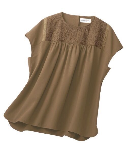 TAKASHIMAYA Style Plus / タカシマヤ スタイル・プリュ シャツ・ブラウス | 刺しゅう入りギャザーブラウス(ブラウン)