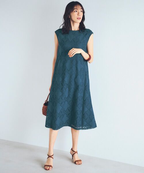 TAKASHIMAYA Style Plus / タカシマヤ スタイル・プリュ ロング・マキシ丈ワンピース | ジャカードレースワンピース<ショート丈>(ネイビー)