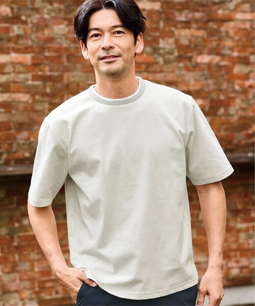 TAKASHIMAYA Style Plus / タカシマヤ スタイル・プリュ Tシャツ | ジャカード二重襟Tシャツ(グレージュ)