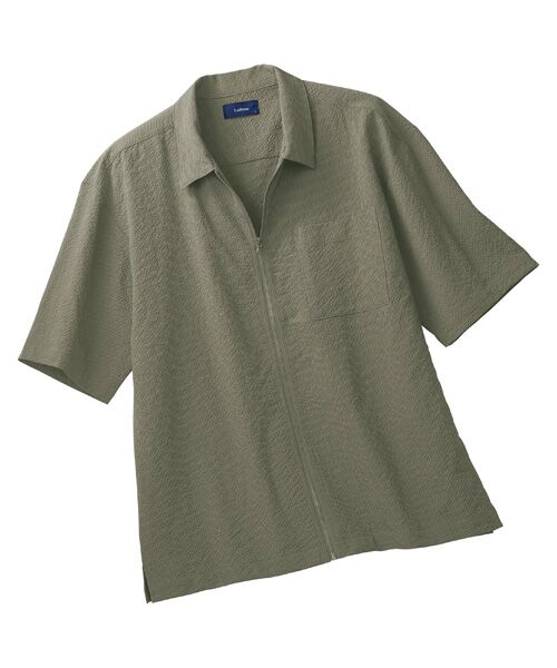 TAKASHIMAYA Style Plus / タカシマヤ スタイル・プリュ シャツ・ブラウス | サッカーストレッチジップアップシャツ(カーキ)