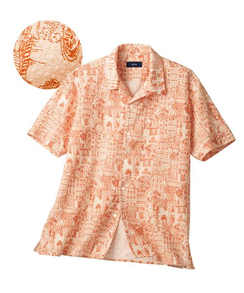 TAKASHIMAYA Style Plus / タカシマヤ スタイル・プリュ シャツ・ブラウス | サッカープリント開襟半袖シャツ(オレンジ)