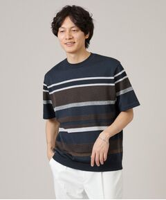 【ニットTシャツ】麻ブレンド パネルボーダー