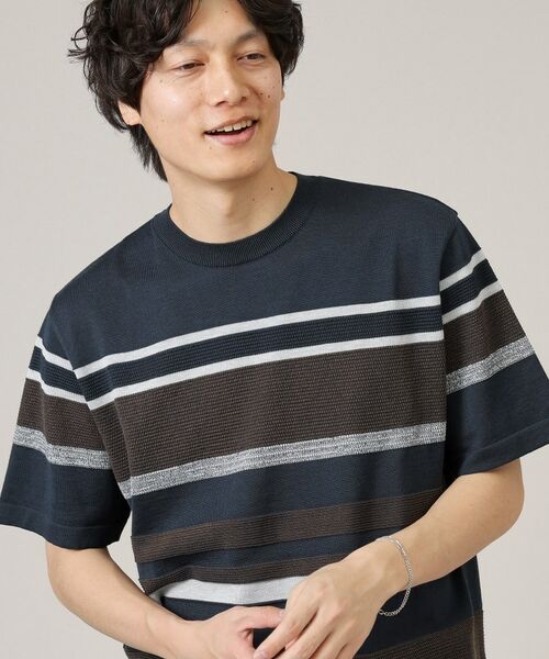TAKEO KIKUCHI / タケオキクチ ニット・セーター | 麻ブレンド パネルボーダー ニットTシャツ | 詳細6