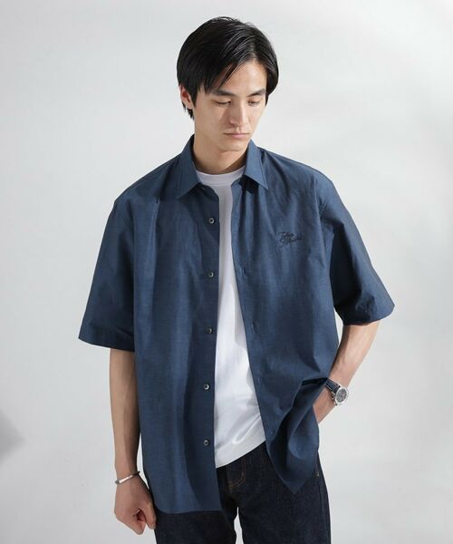 TAKEO KIKUCHI/タケオキクチ 【LIMITED】ワンポイントロゴ刺繍 綿麻半袖シャツ ネイビー(094) 02(M) TAKEO KIKUCHI/タケオキクチ 【LIMITED】ワンポイントロゴ刺繍 綿麻半袖シャツ ネイビー(094) 02(M)