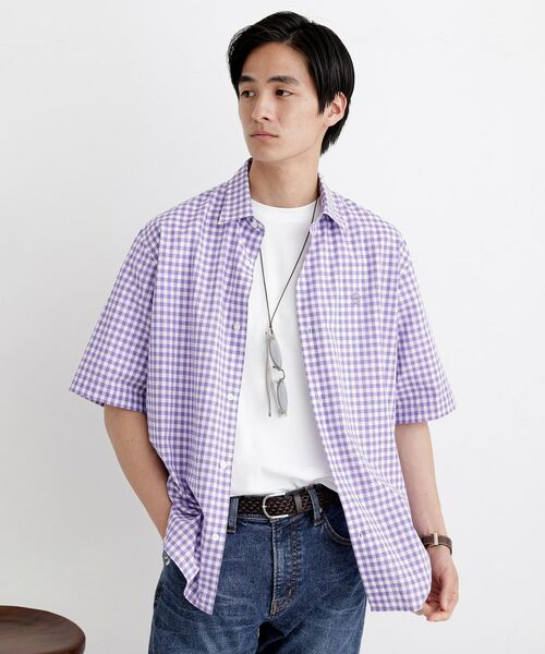 TAKEO KIKUCHI/タケオキクチ 【LIMITED】ワンポイント刺繍 綿麻チェック 半袖シャツ ラベンダー(080) 04(LL) TAKEO KIKUCHI/タケオキクチ 【LIMITED】ワンポイント刺繍 綿麻チェック 半袖シャツ ラベンダー(080) 04(LL)