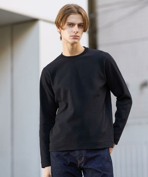 TAKEO KIKUCHI / タケオキクチ カットソー | 千鳥柄 ストレッチ プルオーバー（ブラック(019)）