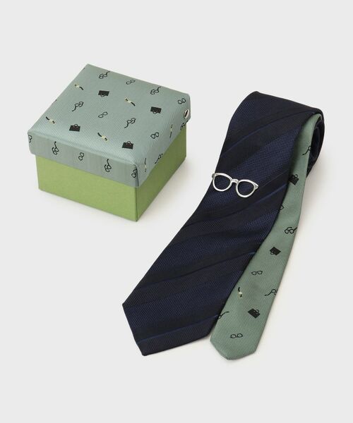 TAKEO KIKUCHI / タケオキクチ ネクタイ | 【BOXセット】ジェントルマンストライプ ネクタイ×眼鏡型タイバー | 詳細1