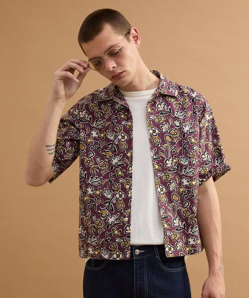 TAKEO KIKUCHI / タケオキクチ シャツ・ブラウス | フラワープリントオープンカラー半袖シャツ（ボルドー(164)）
