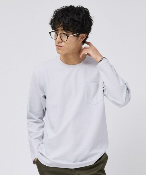 TAKEO KIKUCHI / タケオキクチ Tシャツ | 2重編みガーター ボーダー 長袖 Tシャツ(ライトグレー(011))