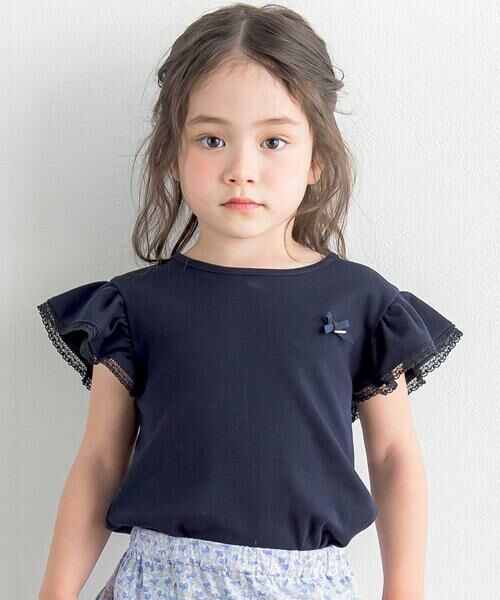 Tartine et Chocolat/タルティーヌ エ ショコラ トーションレース袖フリルTシャツ(90〜140cm) ネイビー 110cm Tartine et Chocolat/タルティーヌ エ ショコラ トーションレース袖フリルTシャツ(90〜140cm) ネイビー 110cm