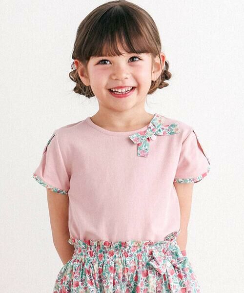Tartine et Chocolat / タルティーヌ エ ショコラ Tシャツ | リバティプリント袖パイピングTシャツ(90〜140cm)(ピンク)